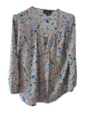 Twine & String Tan Floral 3/4 Sleeve Boho Blouse